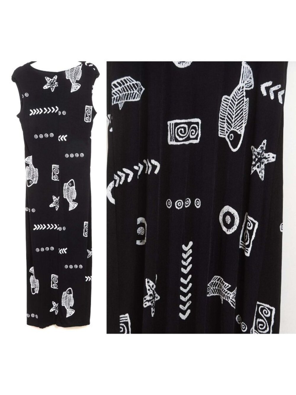 Vintage 90s Esse Size M Artsy Naitical Black Maxi Dress Sleeveless Fish Vacay